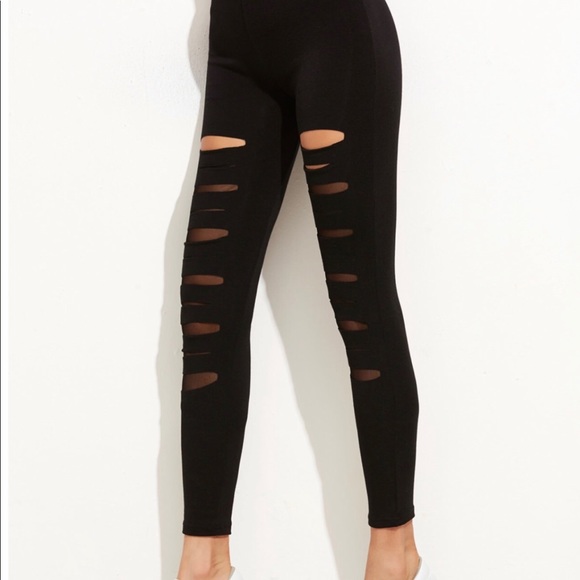 Pants - Black Ripped Mesh Insert Leggings